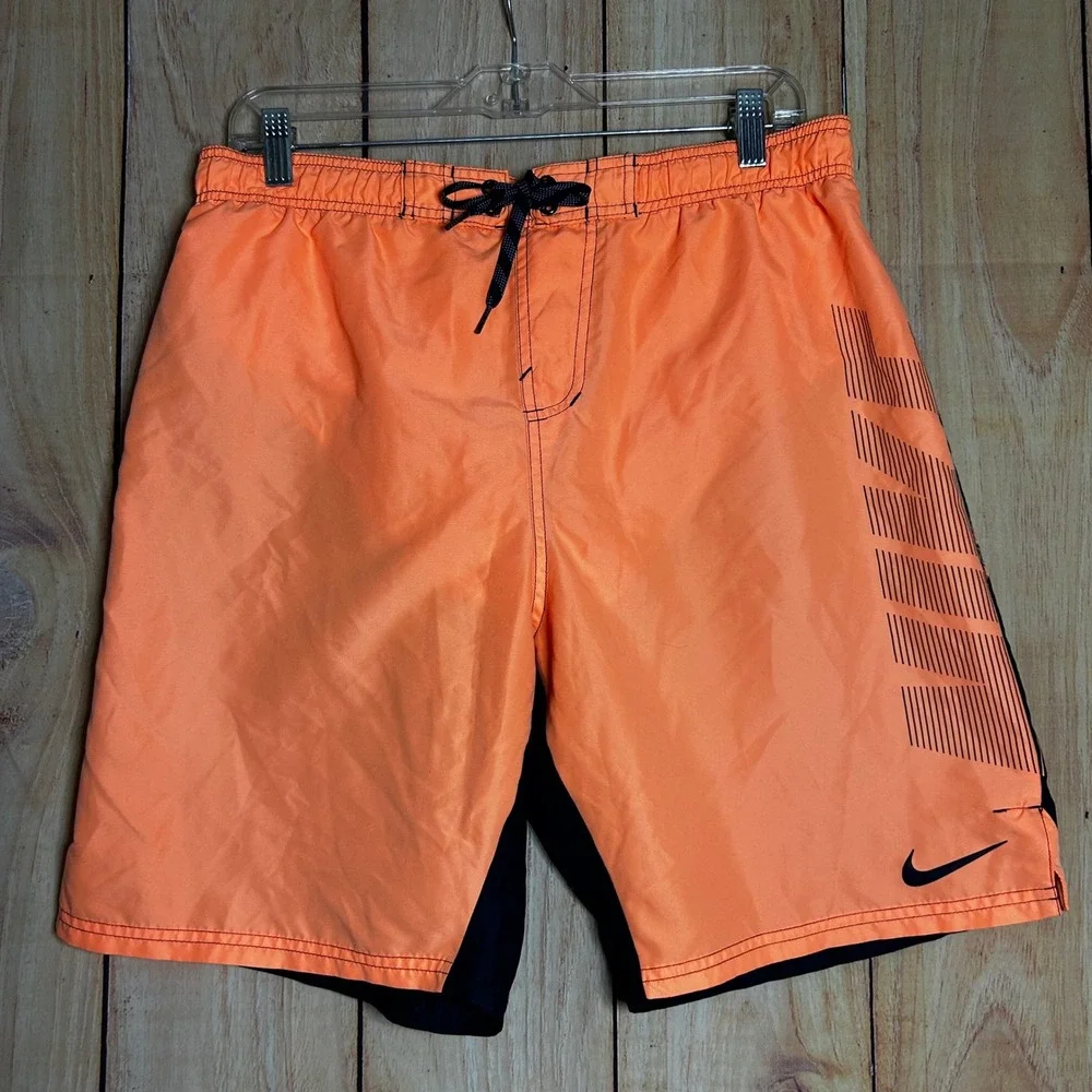 Nike Swim Trunks Mens Large Orange Navy Blue Graphic Board Shorts Sporty‎ Summer